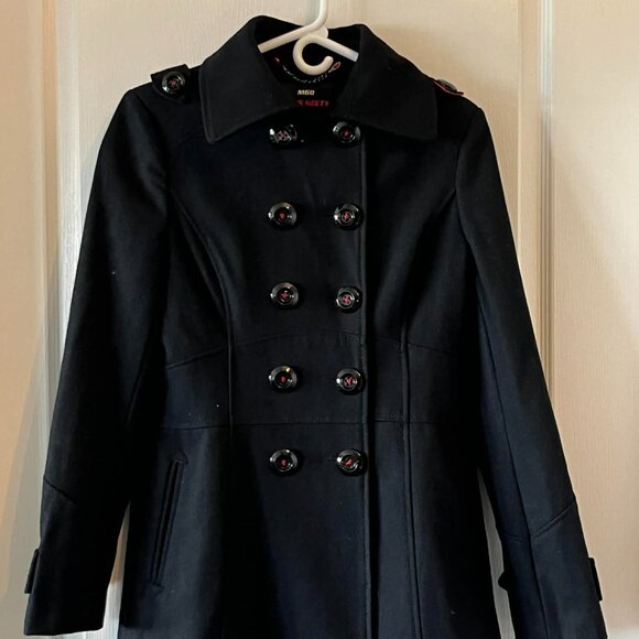Miss Sixty Black Wool Blend Double Breasted Pea Coat with a red lining Medium - Picture 4 of 8